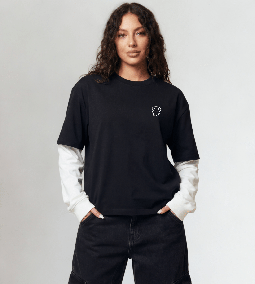 lil alien bae — Layered Long Sleeve Graphic T-Shirt (Black Shirt/White Sleeves) - lil alien bae