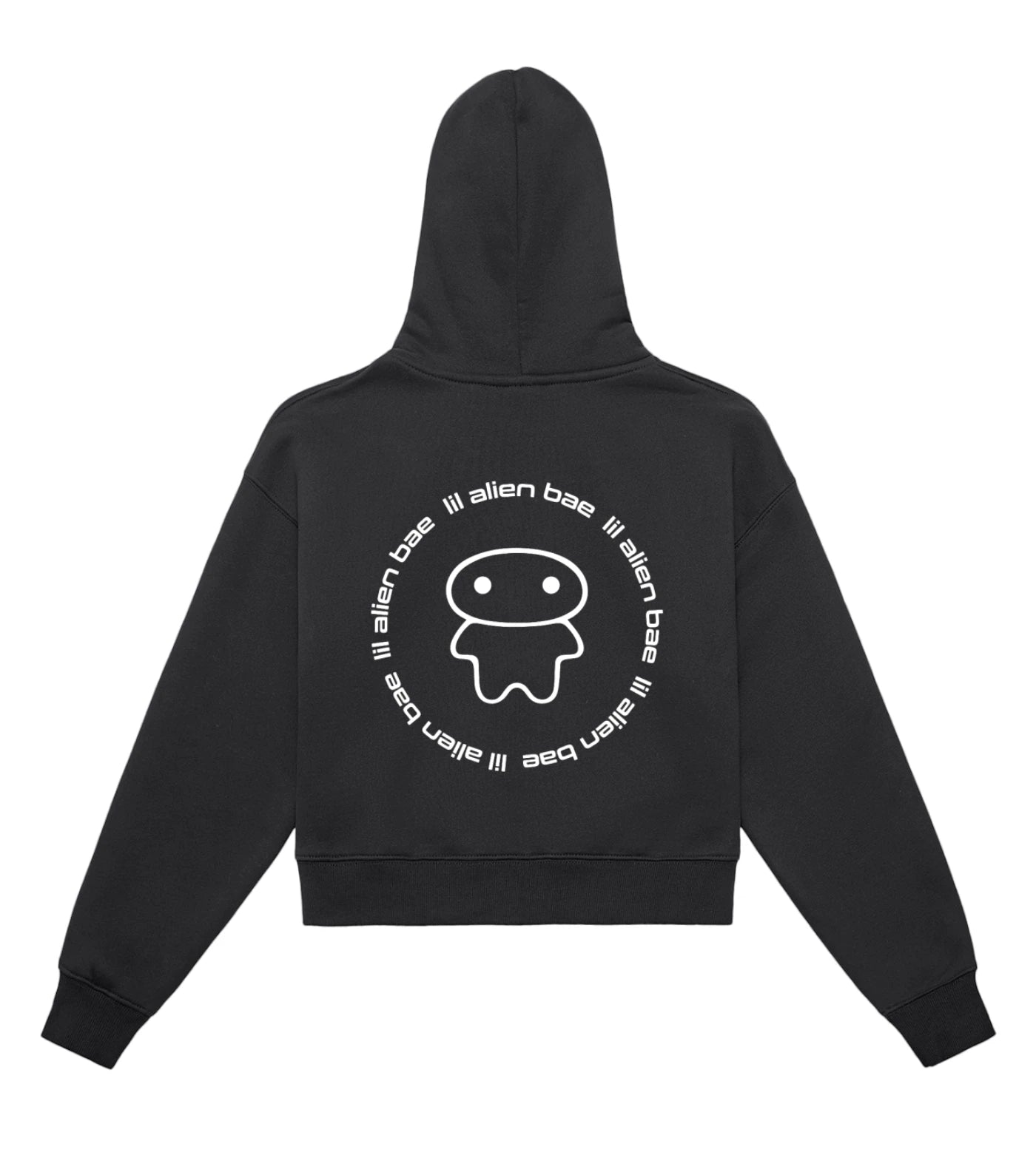 Black Cropped Fleece Zip-Up Hoodie featuring a Lil Alien Bae back graphic. 