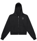 Black Cropped Fleece Zip-Up Hoodie featuring a Lil Alien Bae chest graphic. 