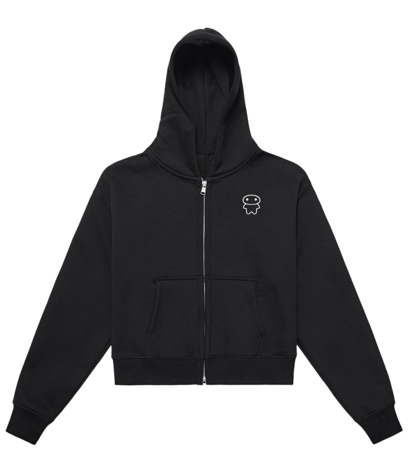 Black Cropped Fleece Zip-Up Hoodie featuring a Lil Alien Bae chest graphic. 