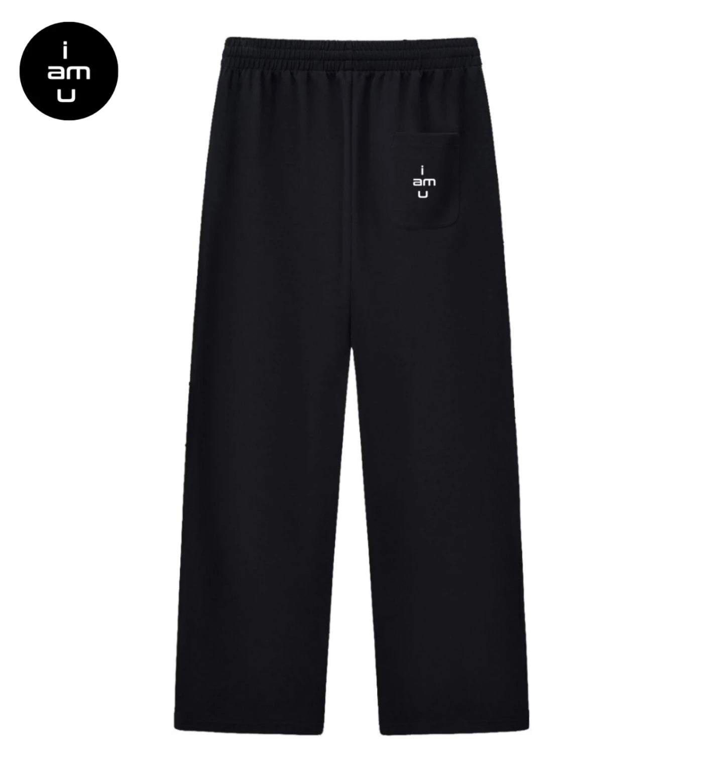 Black curved stripe sweatpants featuring a small "i am u" pocket graphic. 