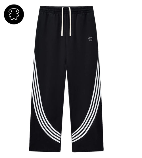 Black curved stripe sweatpants featuring a small Lil Alien Bae graphic. 