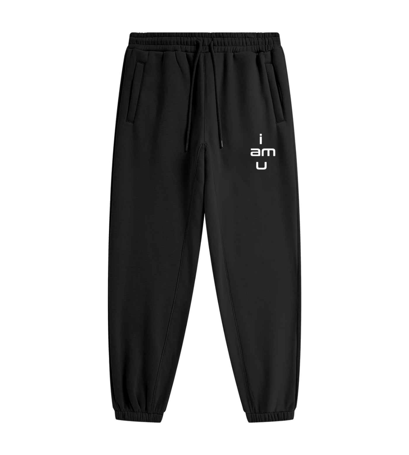 Black fleece joggers featuring an "i am u" graphic. 