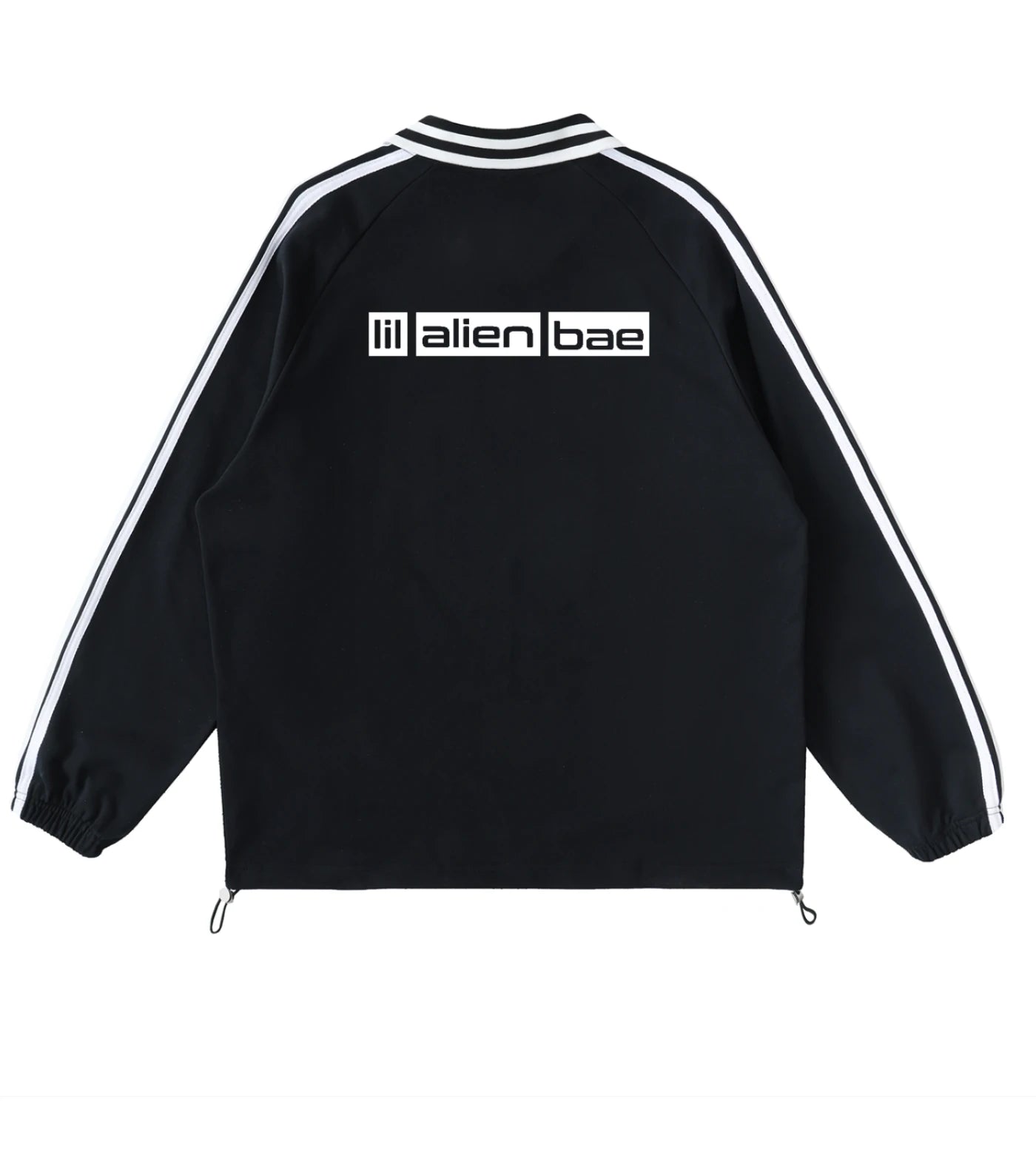 Black lapel collar pullover featuring a Lil Alien Bae back graphic. 