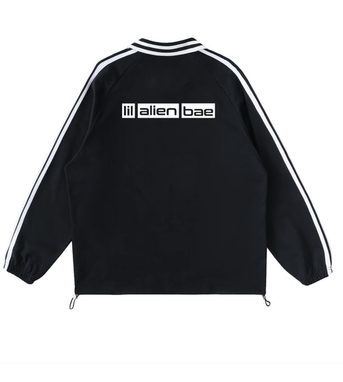 Black lapel collar pullover featuring a Lil Alien Bae back graphic. 