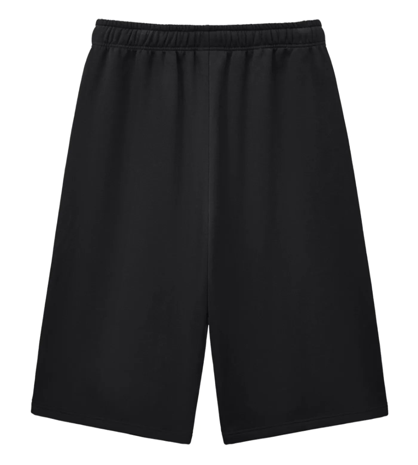Black fleece mid-length sweat shorts.