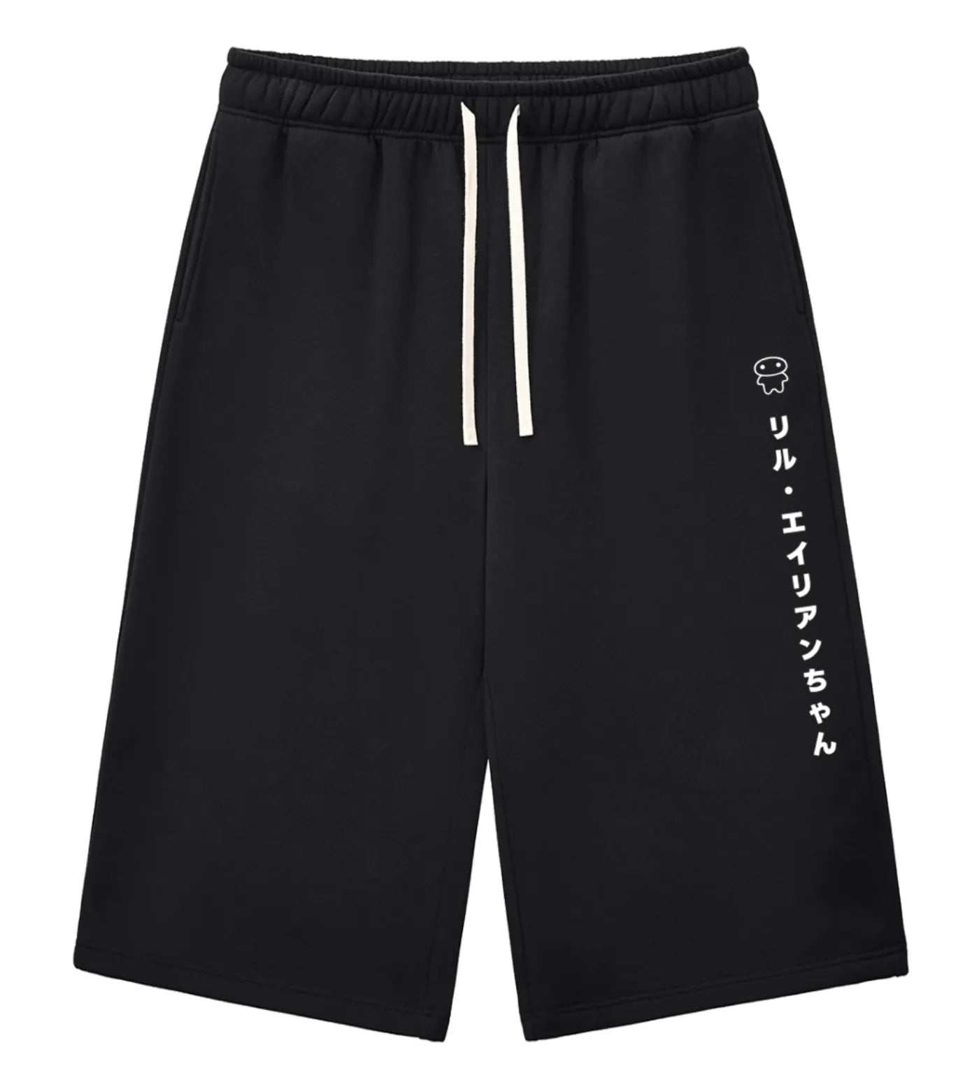 Black fleece mid-length sweat shorts featuring a Japanese Lil Alien Chan graphic.  