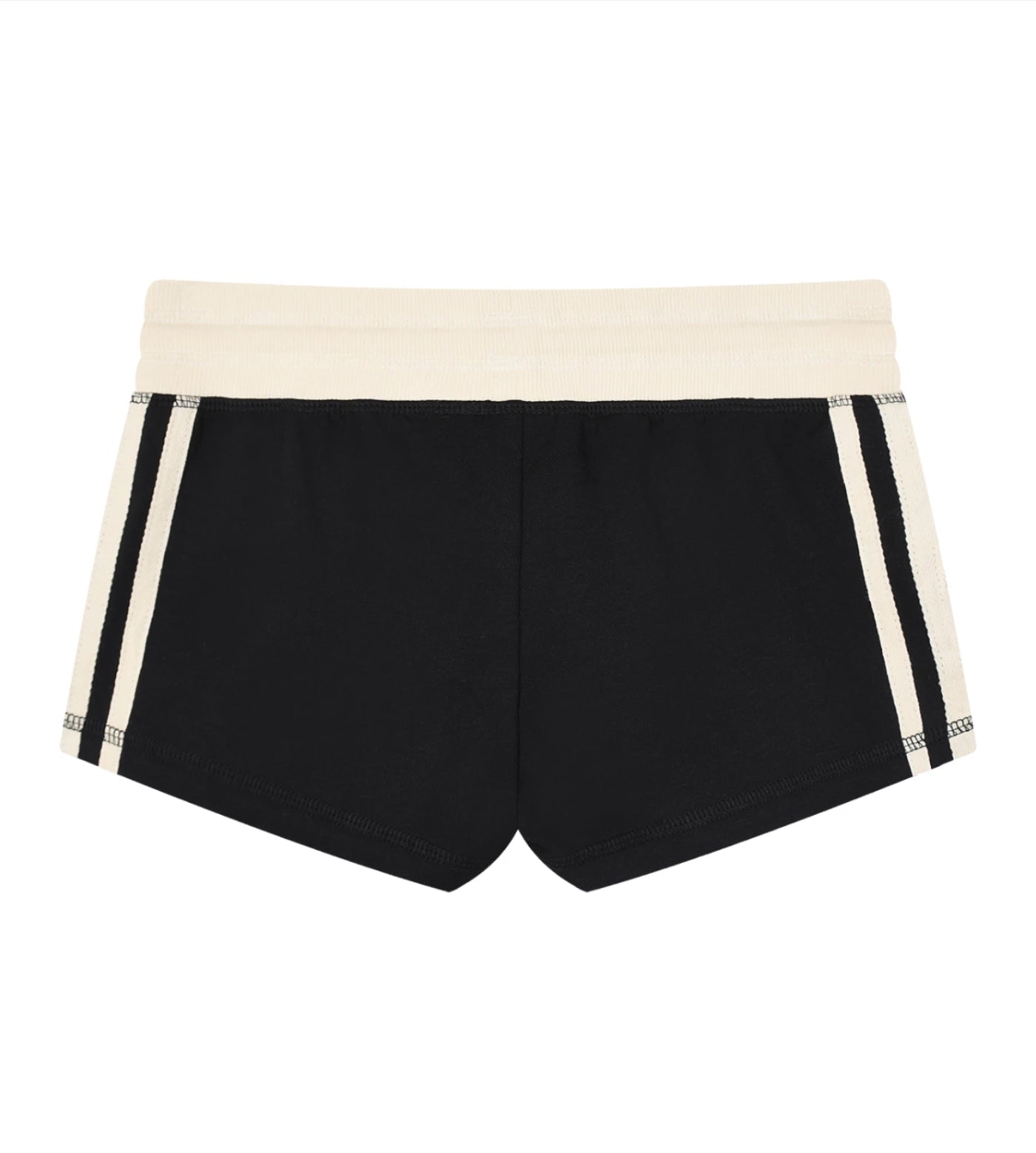 Black and cream striped varsity shorts.