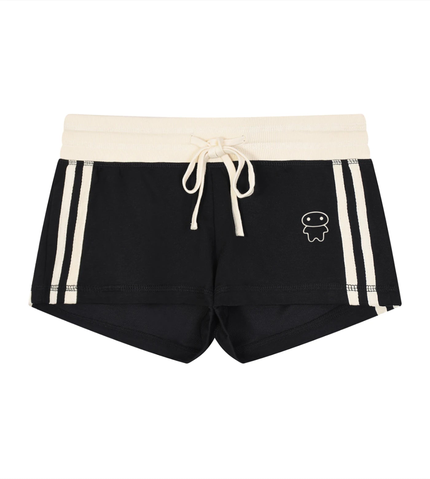 Black and cream striped varsity shorts featuring a Lil Alien Bae. 