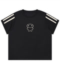 Black varsity stripe cropped T-shirt featuring a Lil Alien Bae graphic. 