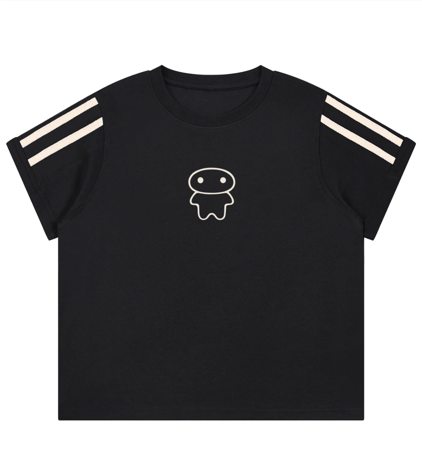 Black varsity stripe cropped T-shirt featuring a Lil Alien Bae graphic. 