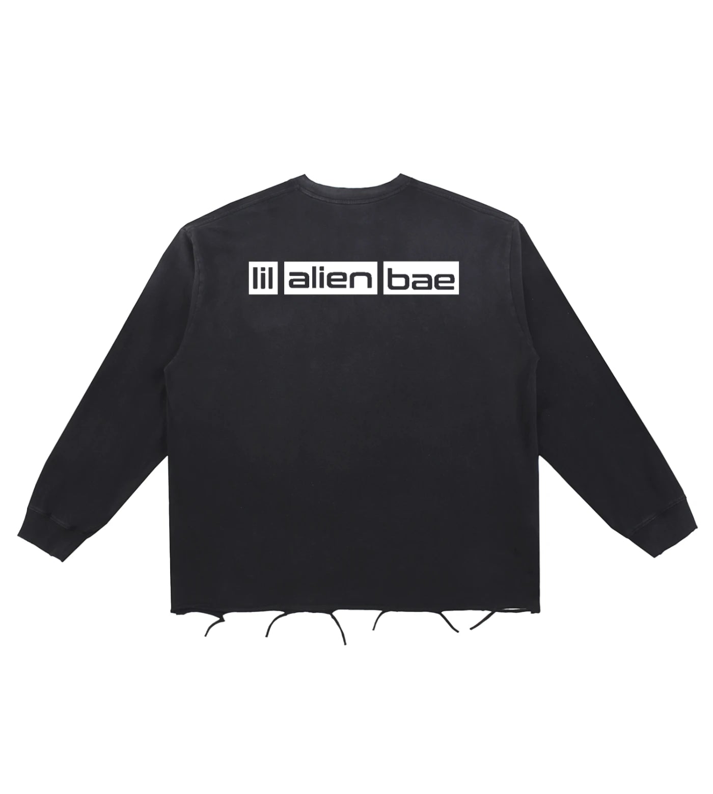 Black vintage washed long sleeve shirt with raw edge hem and Lil Alien Bae back graphic.  