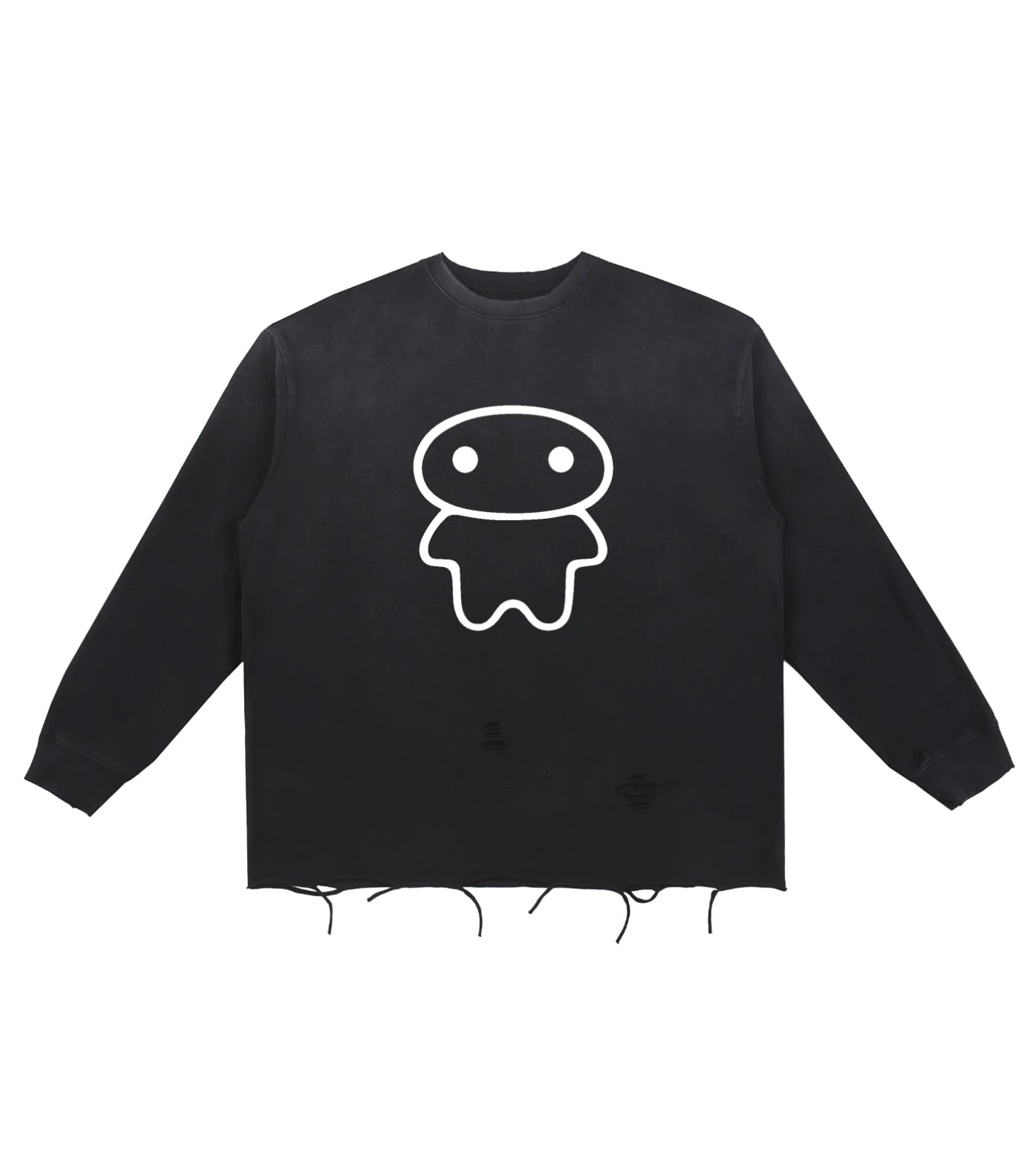 Black vintage washed long sleeve shirt with raw edge hem and Lil Alien Bae graphic.  