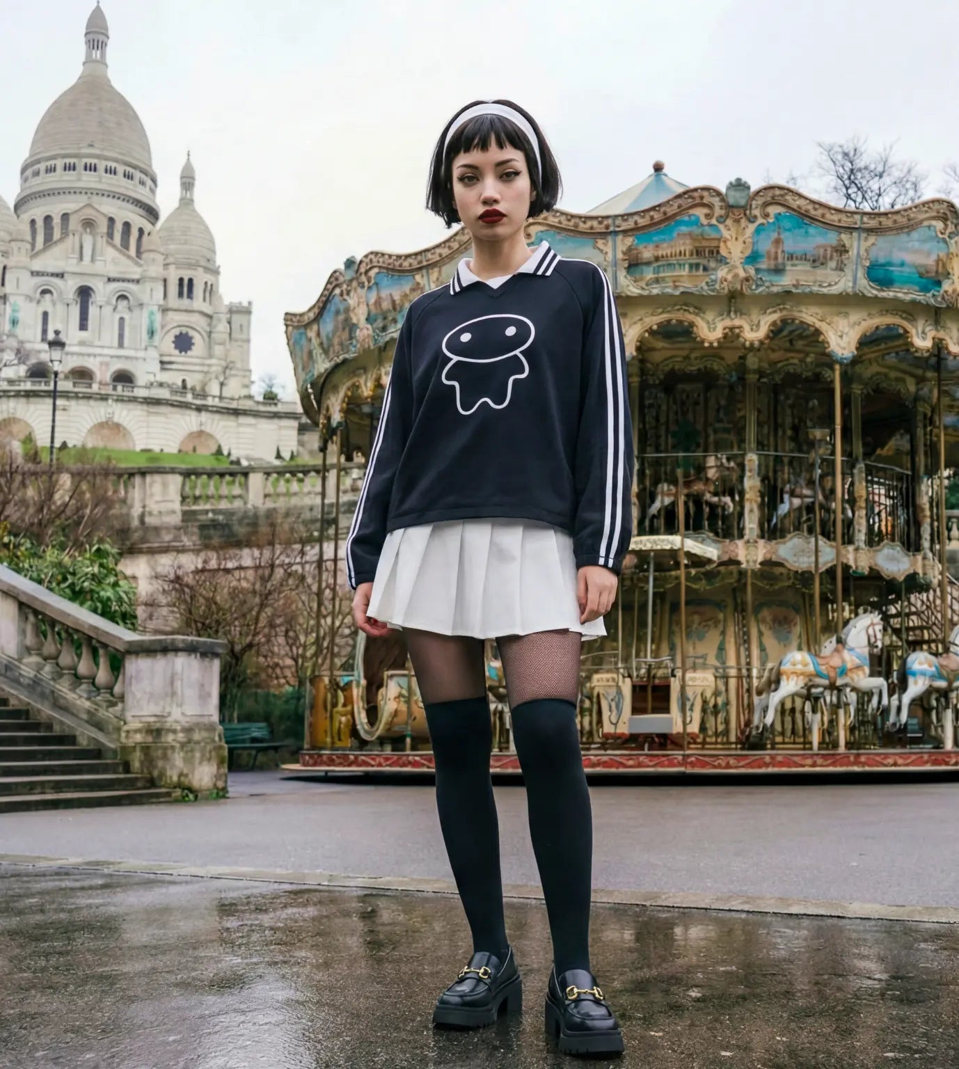 Model wears a black lapel collar pullover featuring a Lil Alien Bae graphic and styled outfit.  