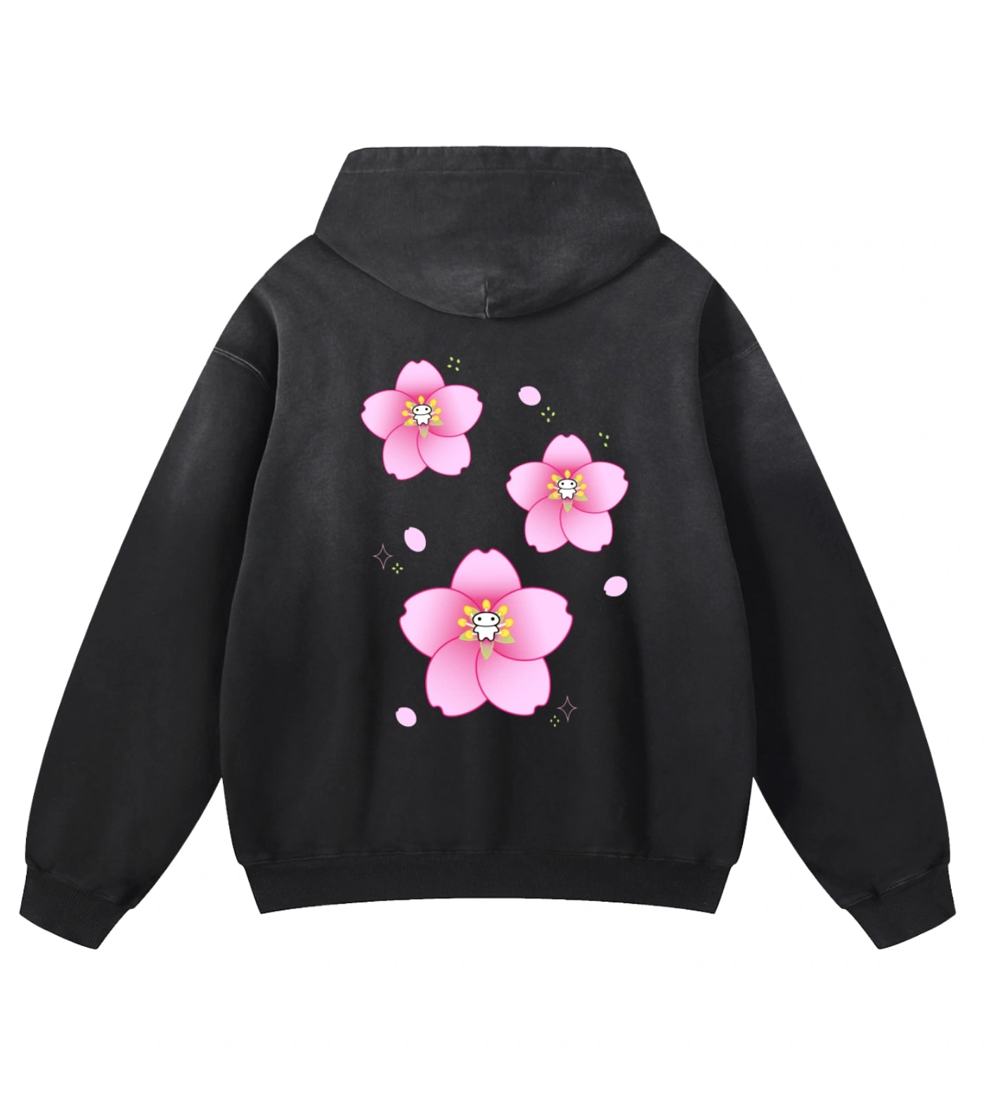 Black sunfaded oversized hoodie featuring a Lil Alien Bae sakura back graphic. 
