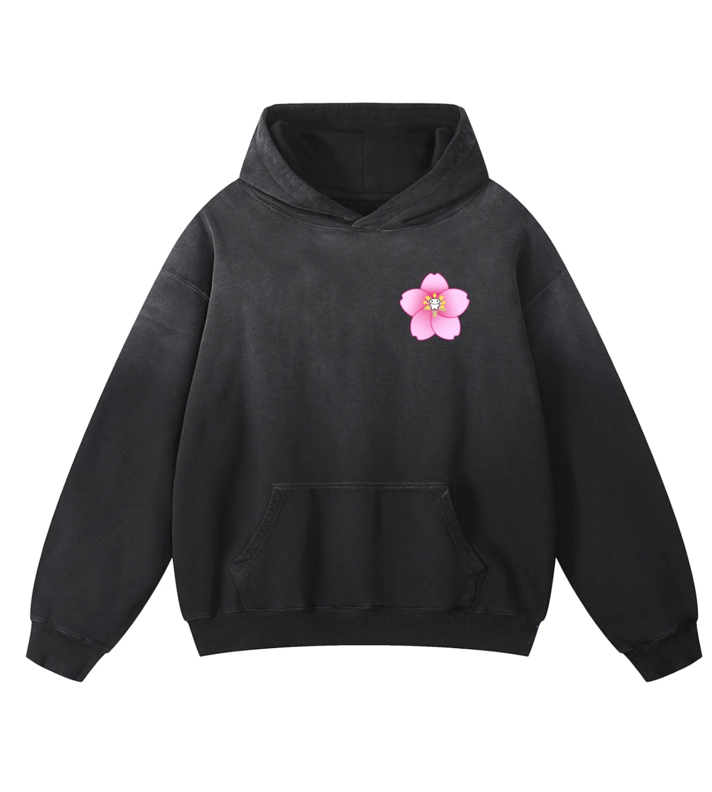 Black sunfaded oversized hoodie featuring a Lil Alien Bae sakura chest graphic. 