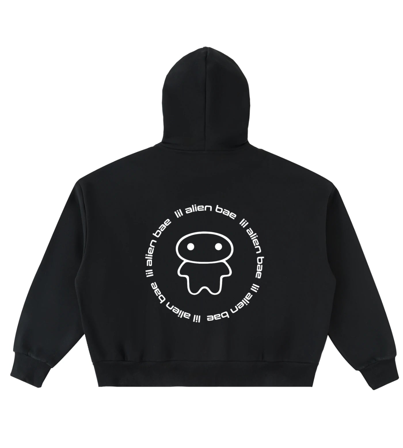 Black boxy fit full zip hoodie featuring a Lil Alien Bae back graphic. 