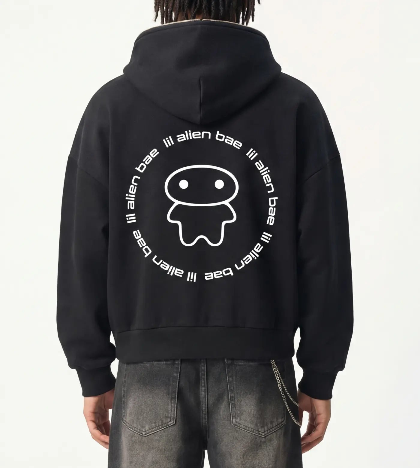 Black boxy fit full zip hoodie featuring a Lil Alien Bae back graphic. 