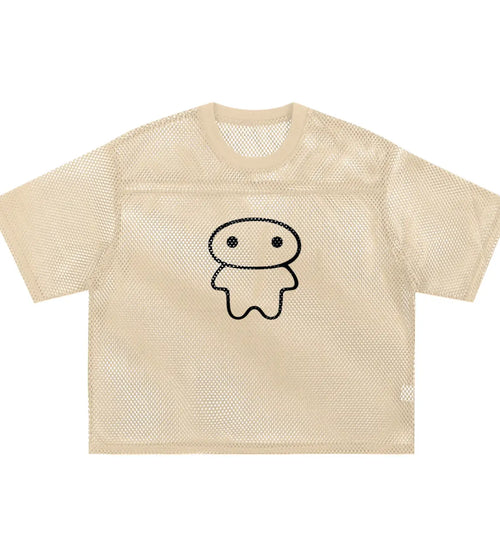 Cream boxy mesh T-Shirt featuring a Lil Alien Bae graphic. 