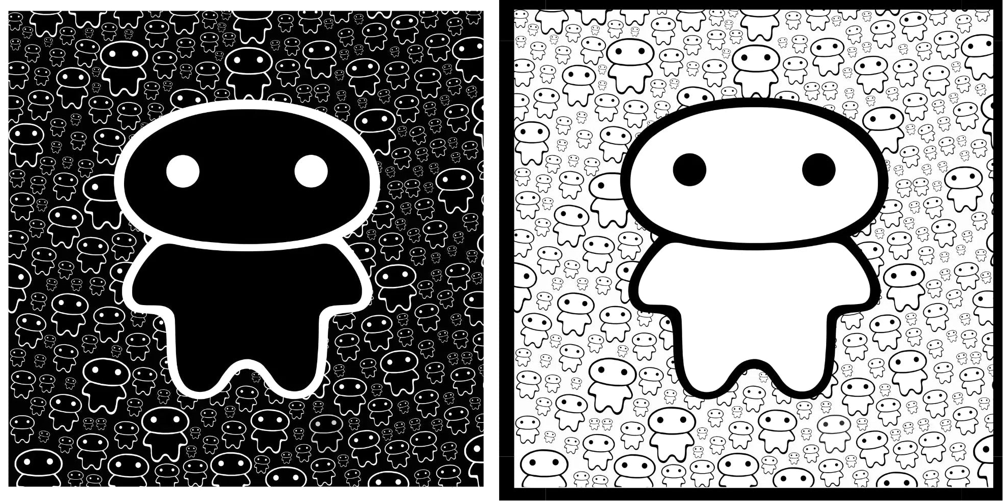 Two illustrations of a cartoon character with a black and white pattern on a black background and a white and black pattern on a white background.