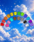 A row of small lil alien baes in many colors arranged in a rainbow arc against a bright blue sky with white clouds and starry highlights.