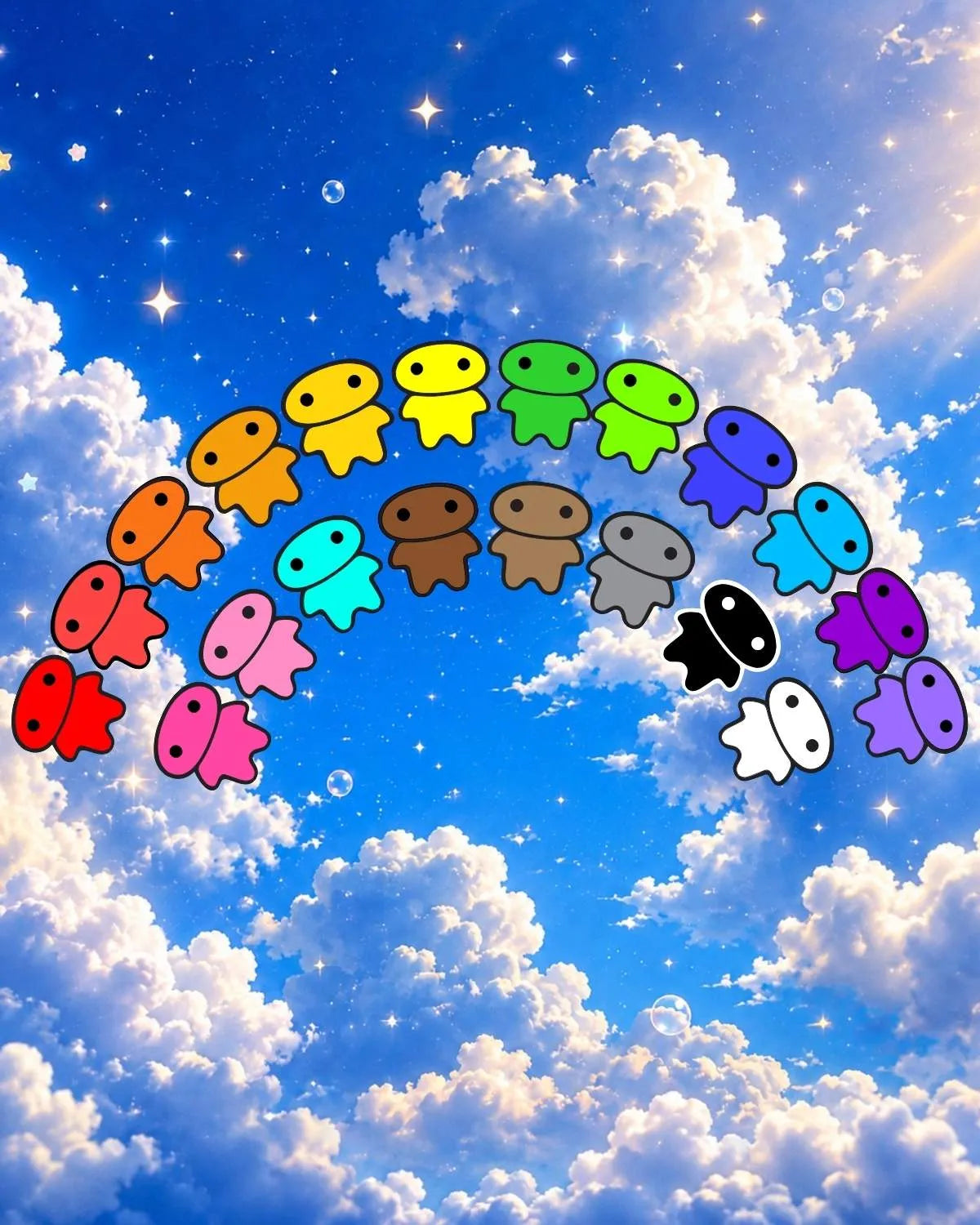A row of small lil alien baes in many colors arranged in a rainbow arc against a bright blue sky with white clouds and starry highlights.