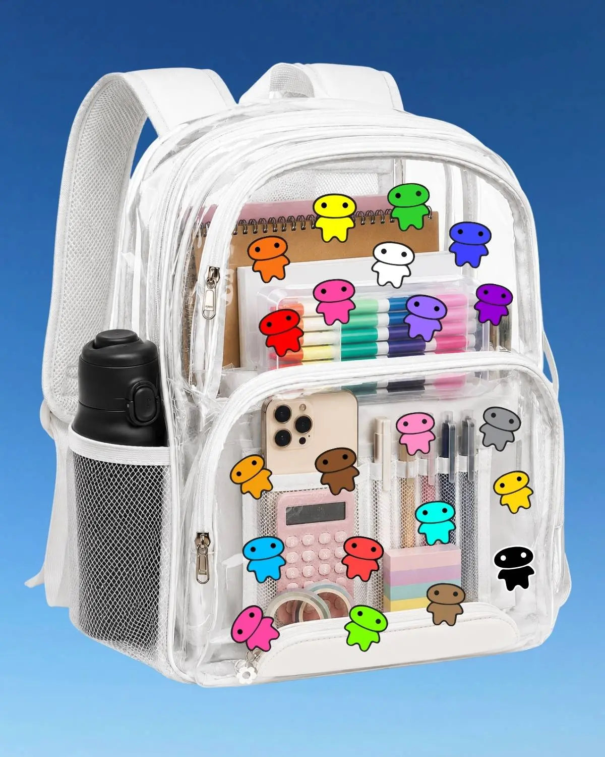 A clear plastic backpack with white trim, shown filled with school supplies and decorated with colorful lil alien bae stickers. 
