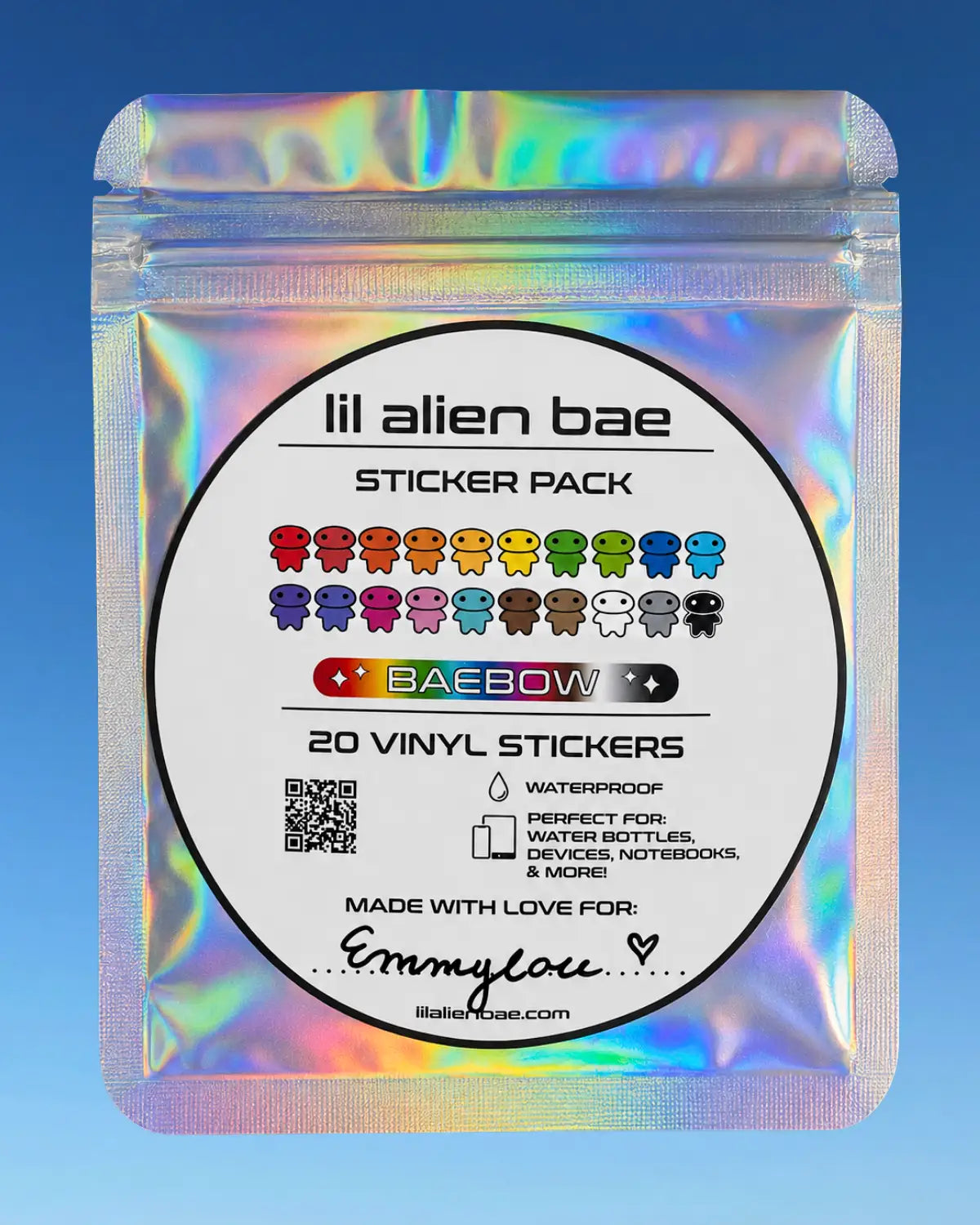 A holographic zip-top pouch containing a 'lil alien bae' sticker pack, with a large white circular label detailing the 20 vinyl stickers and various alien designs.