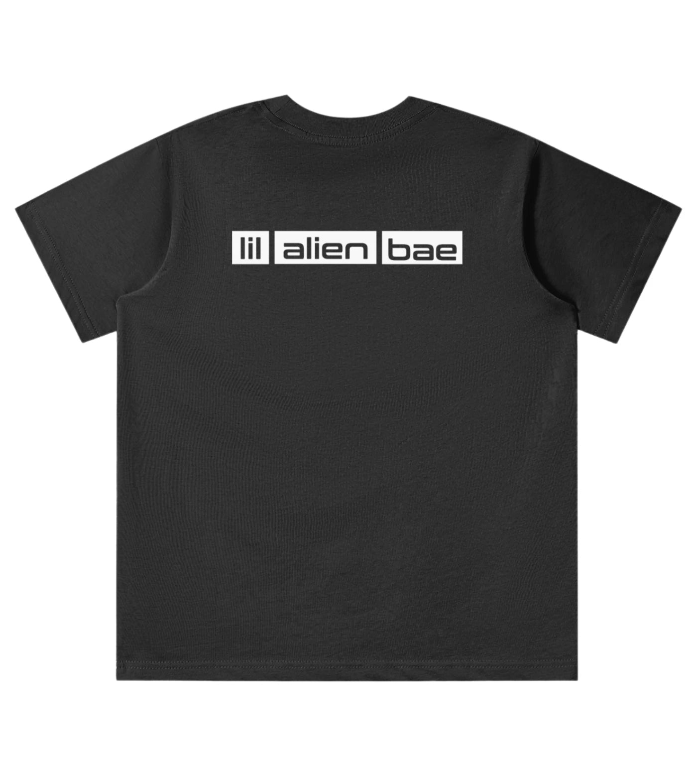 Youth black cotton T-shirt featuring a Lil Alien Bae back graphic.  