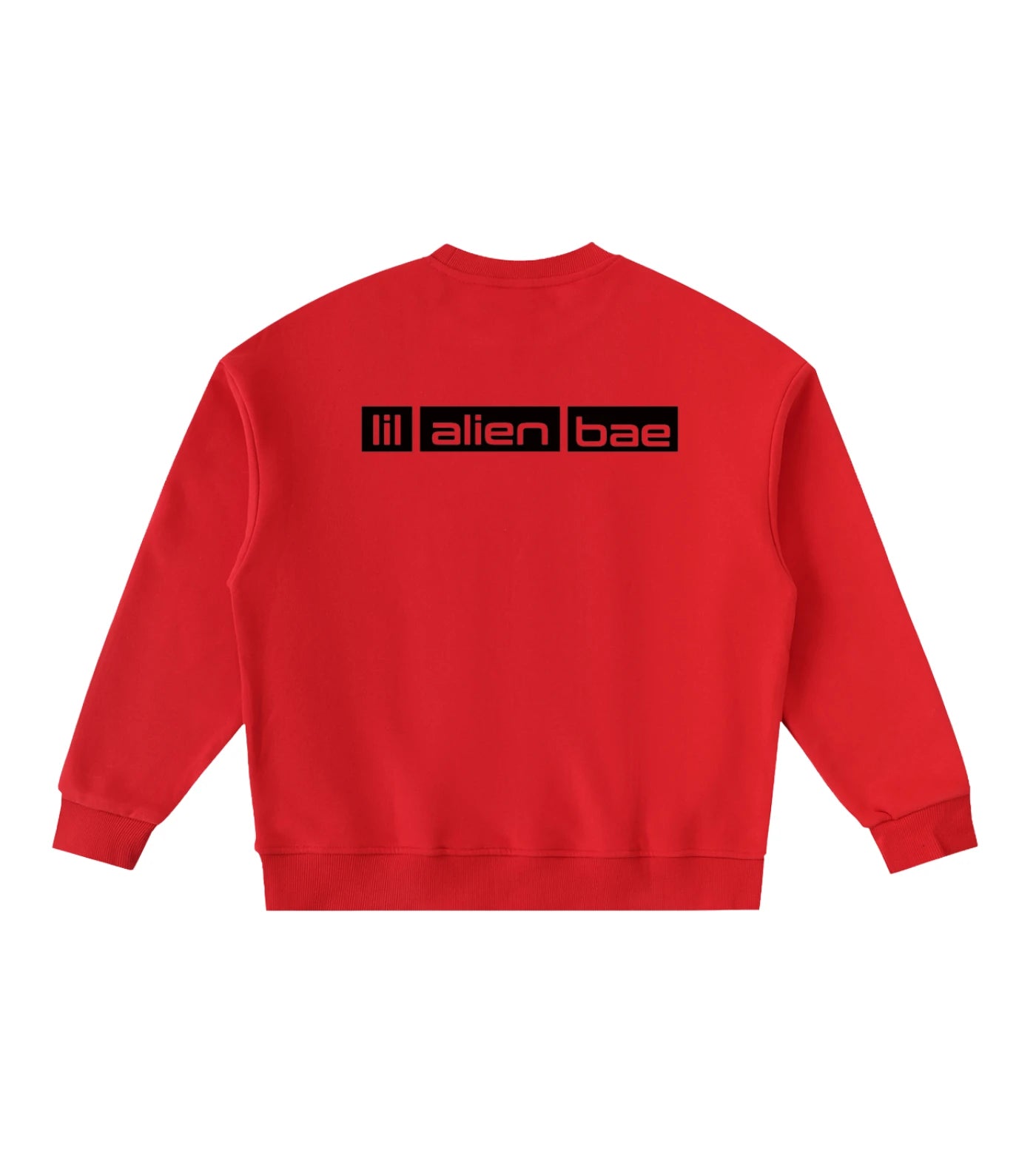 Youth red fleece sweatshirt featuring a Lil Alien Bae back graphic. 