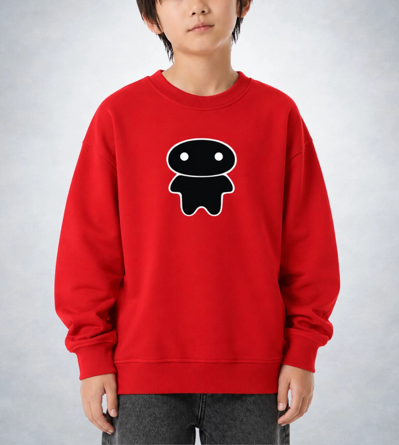 Model wears a youth red fleece sweatshirt featuring a Lil Alien Bae graphic. 
