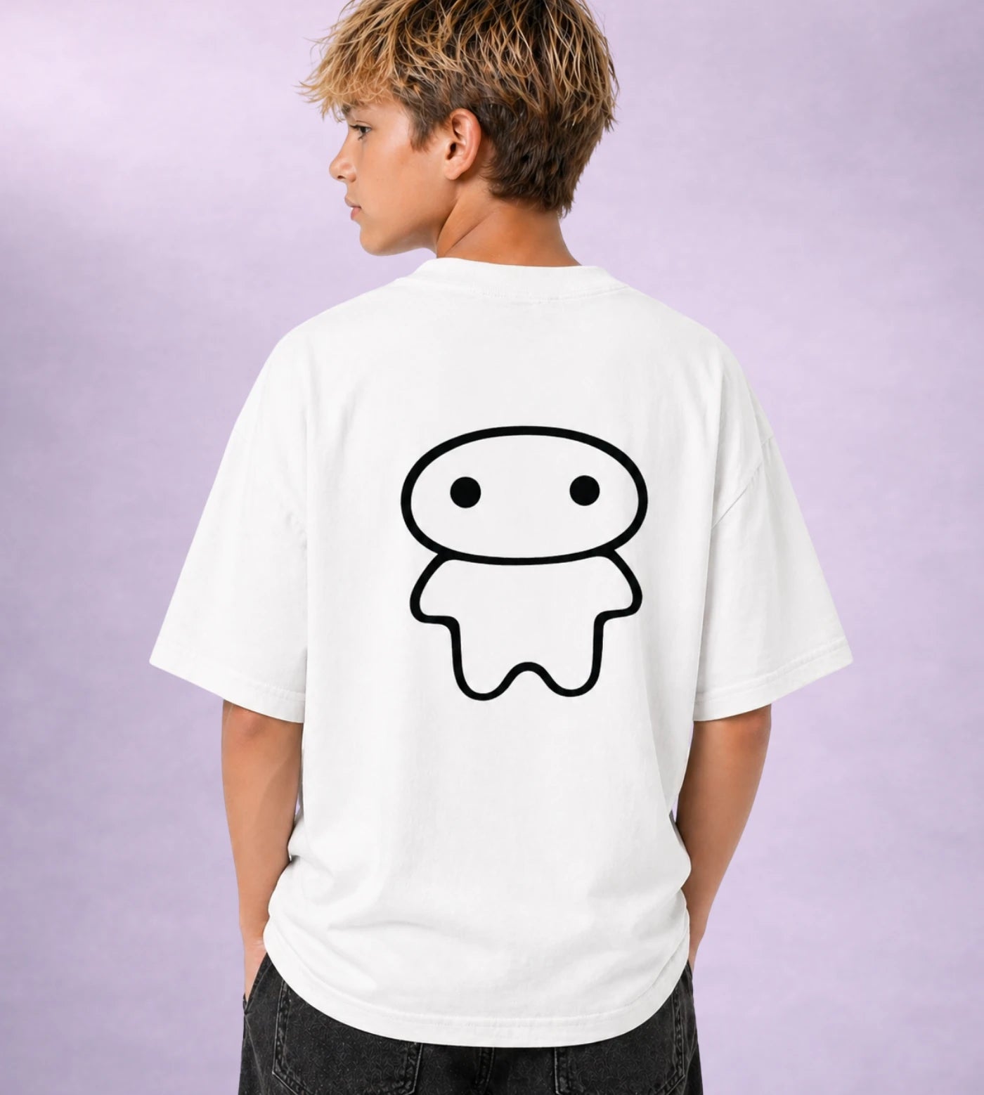 Model wears a youth white cotton T-shirt featuring a Lil Alien Bae back graphic. 