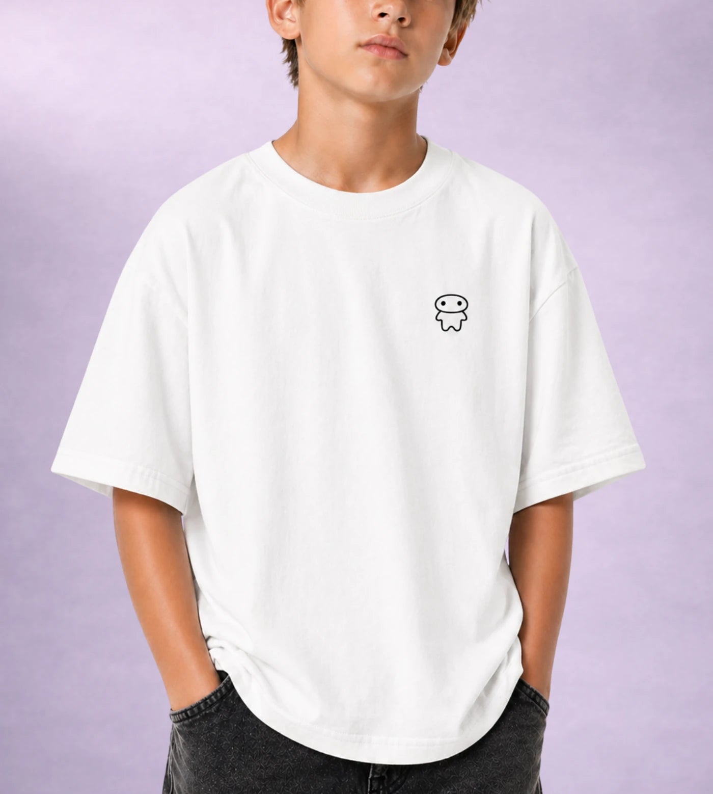 Model wears a youth white cotton T-shirt featuring a Lil Alien Bae chest graphic. 