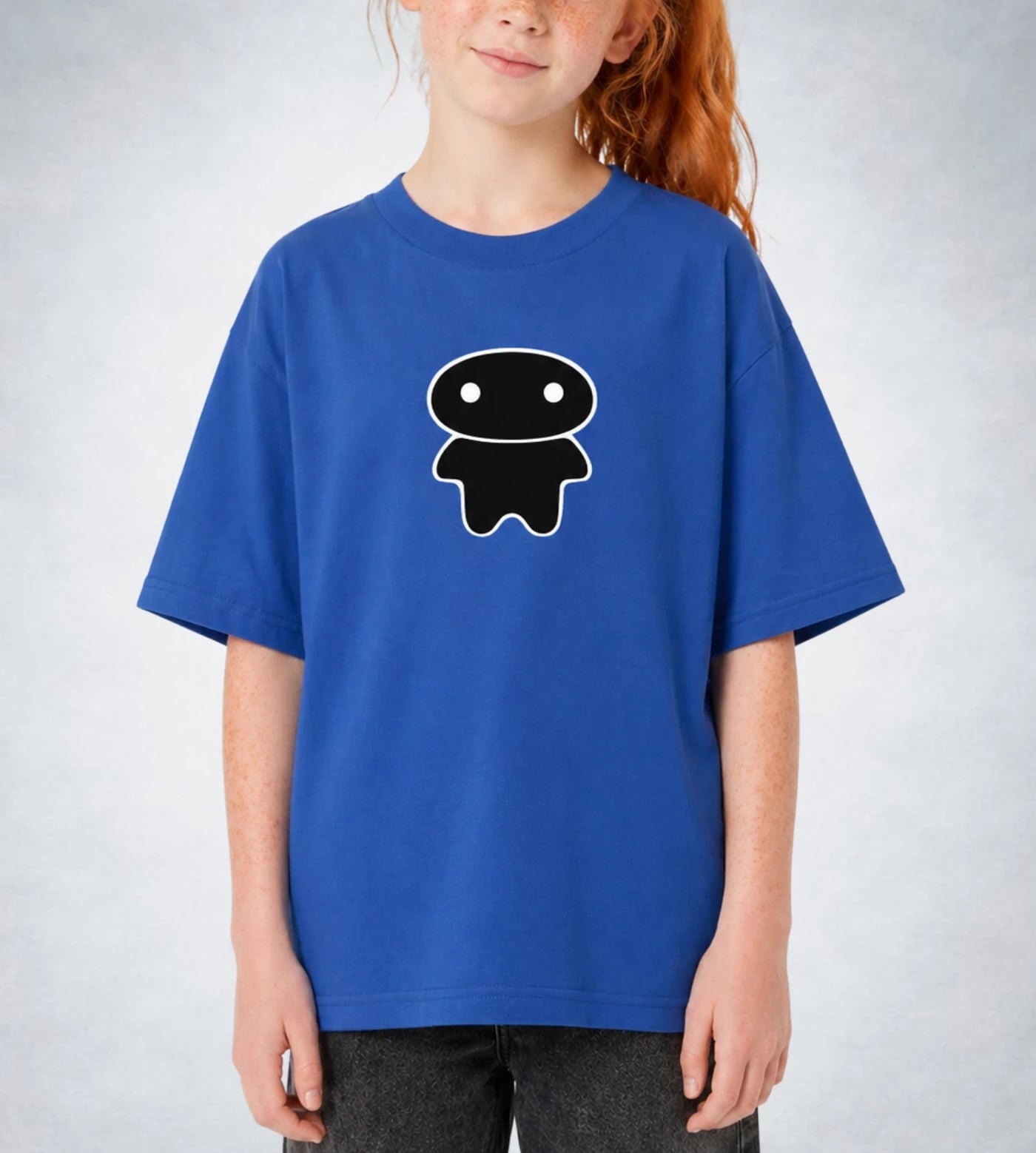 Model wears a youth blue cotton T-shirt featuring a Lil Alien Bae graphic.