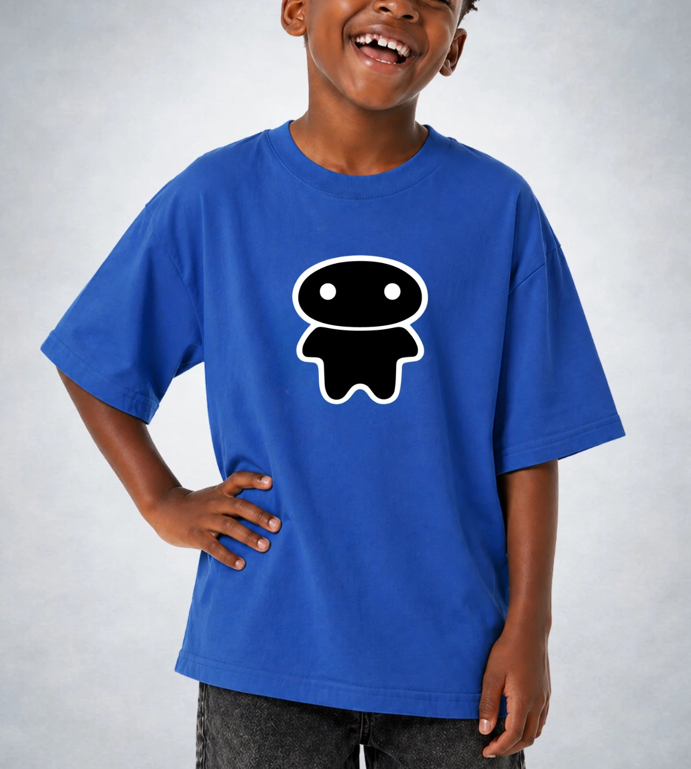 Model wears a youth blue cotton T-shirt featuring a Lil Alien Bae graphic. 