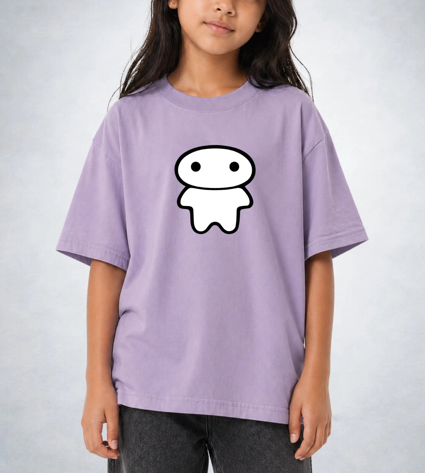 Model wears a youth lavender cotton T-shirt featuring a Lil Alien Bae graphic. 