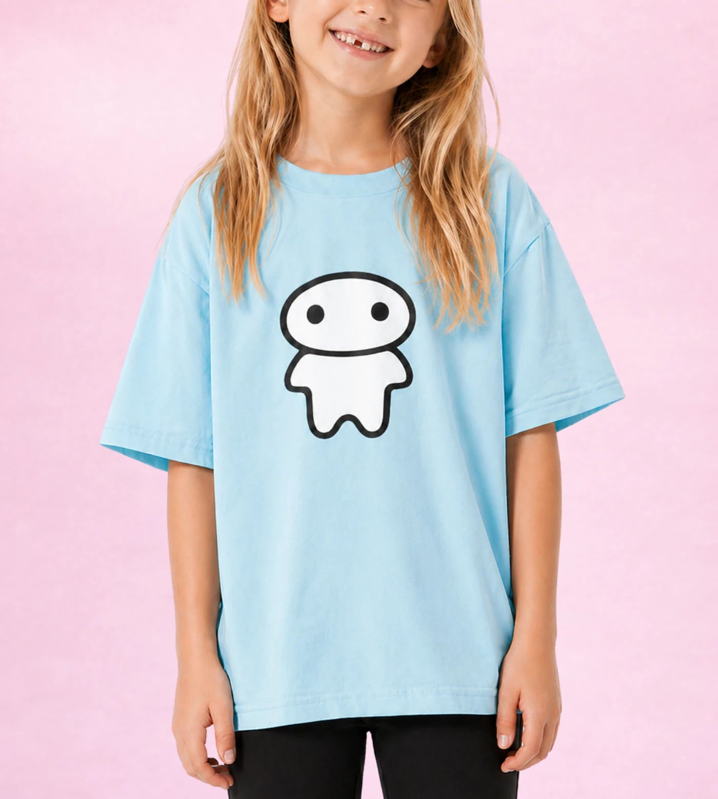 Model wears a youth light blue cotton T-shirt featuring a Lil Alien Bae graphic.  