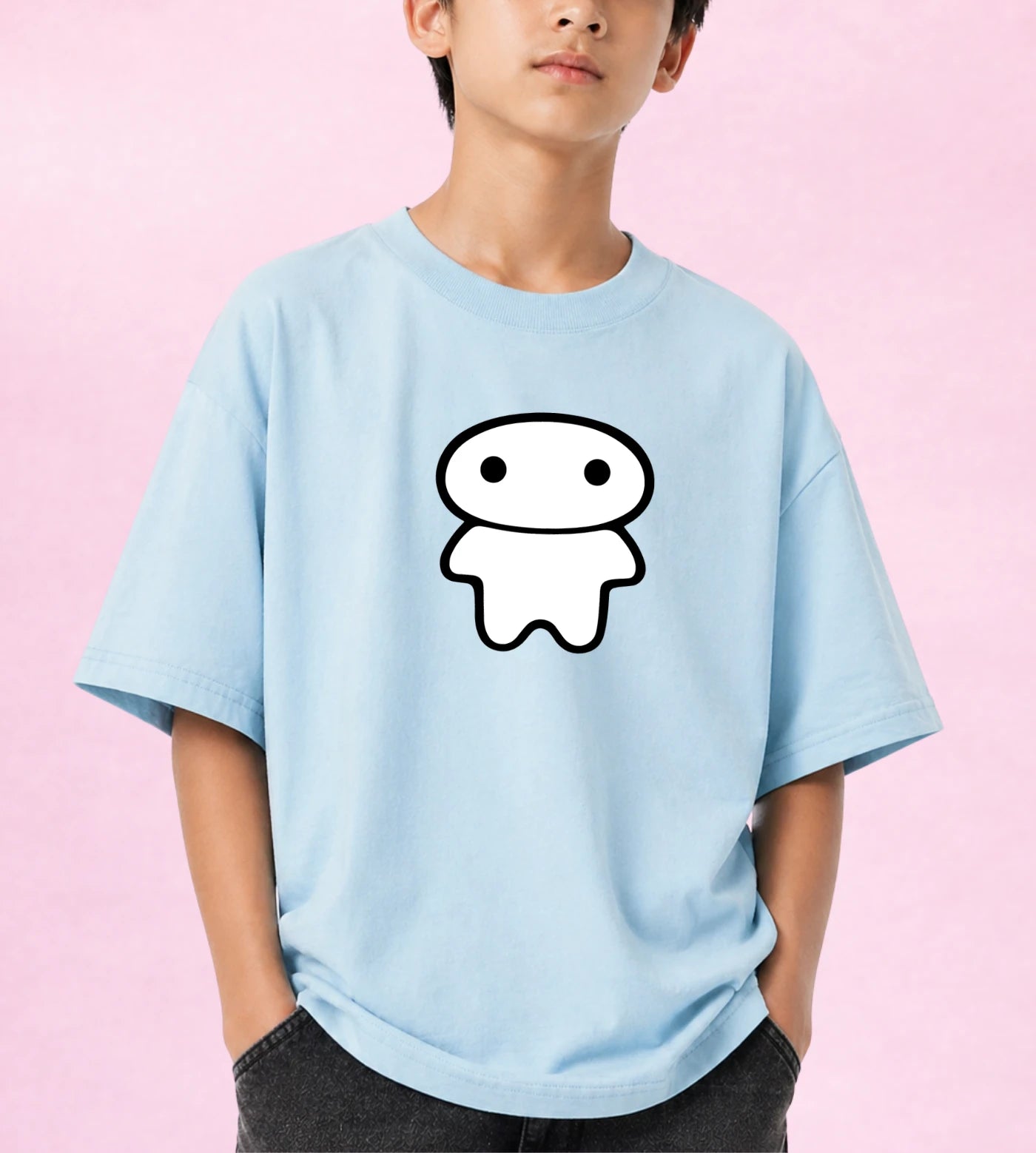 Model wears a youth light blue cotton T-shirt featuring a Lil Alien Bae graphic.  