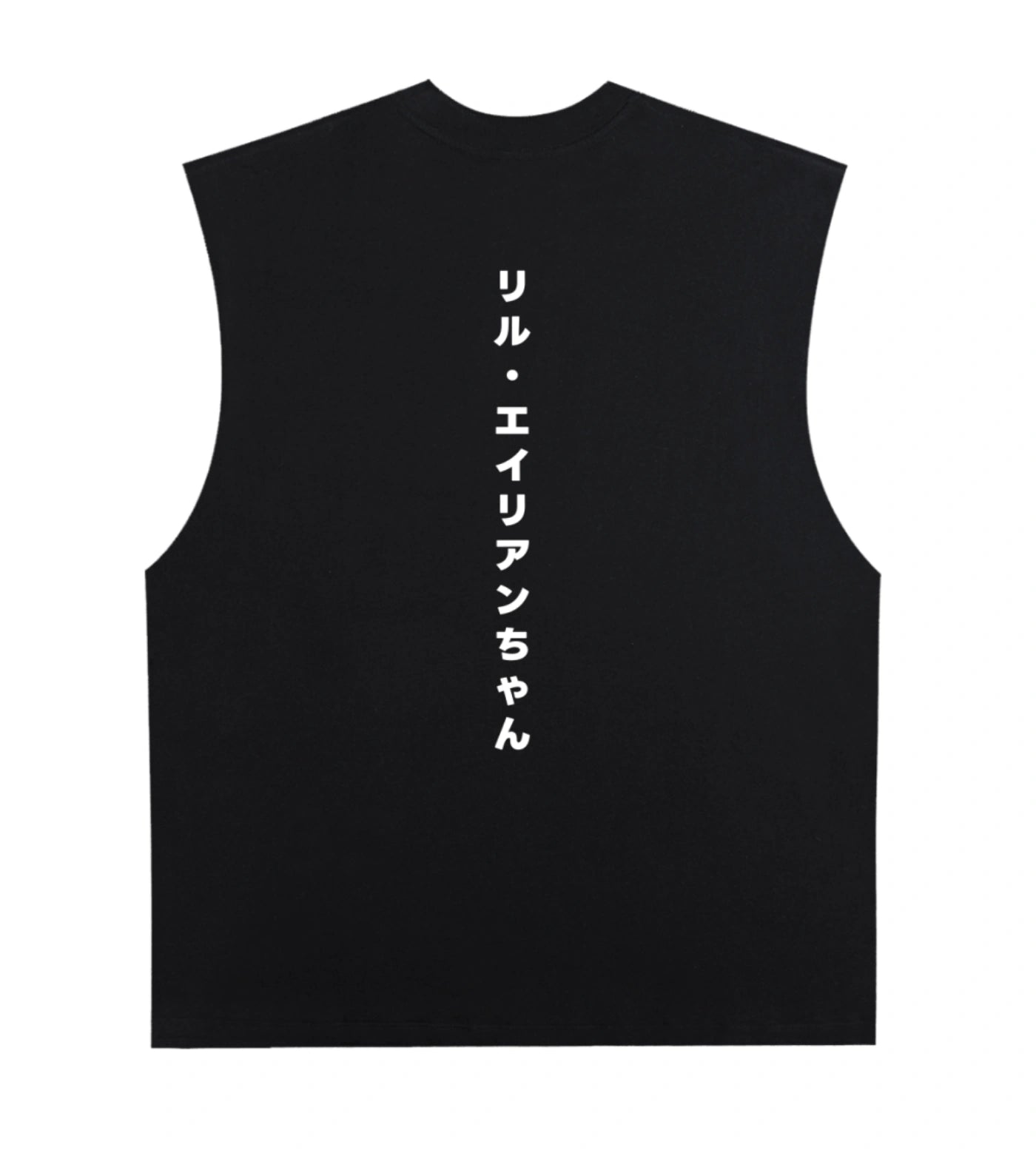 Black sleeveless cotton shirt featuring a Japanese Lil Alien Bae back graphic. 