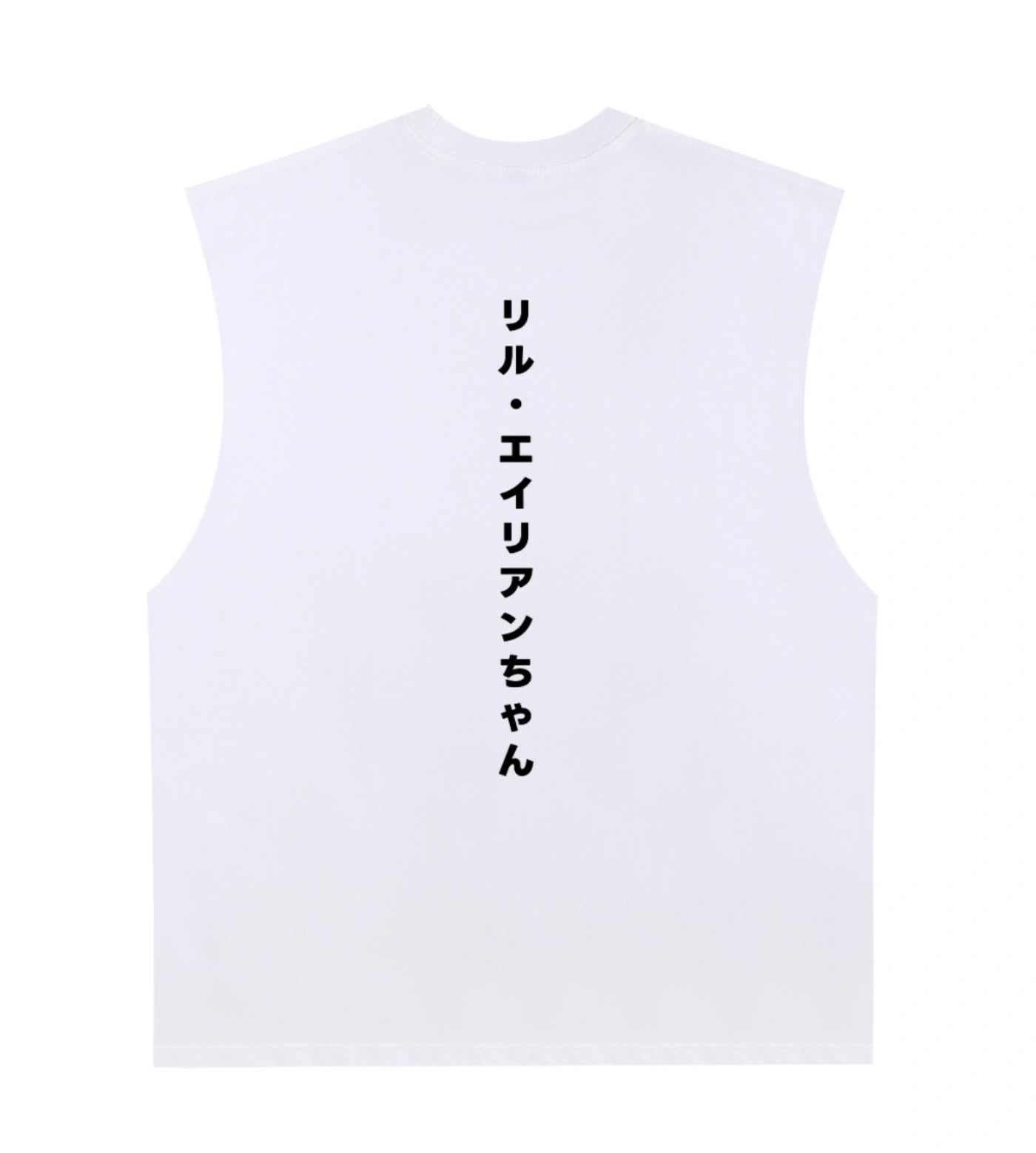 White cotton sleeveless shirt featuring a Japanese Lil Alien Bae back graphic. 