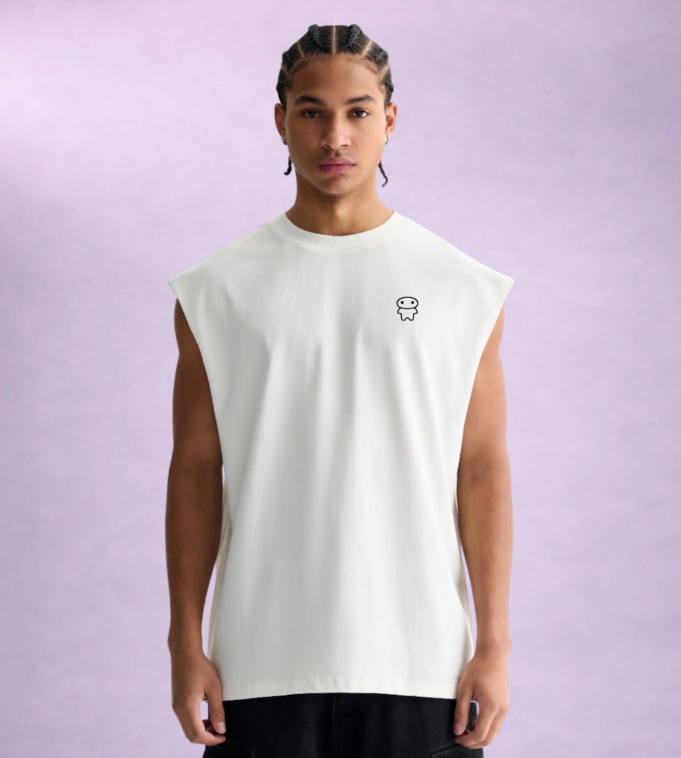 Model wears a white sleeveless cotton shirt featuring a Lil Alien Bae chest graphic. 