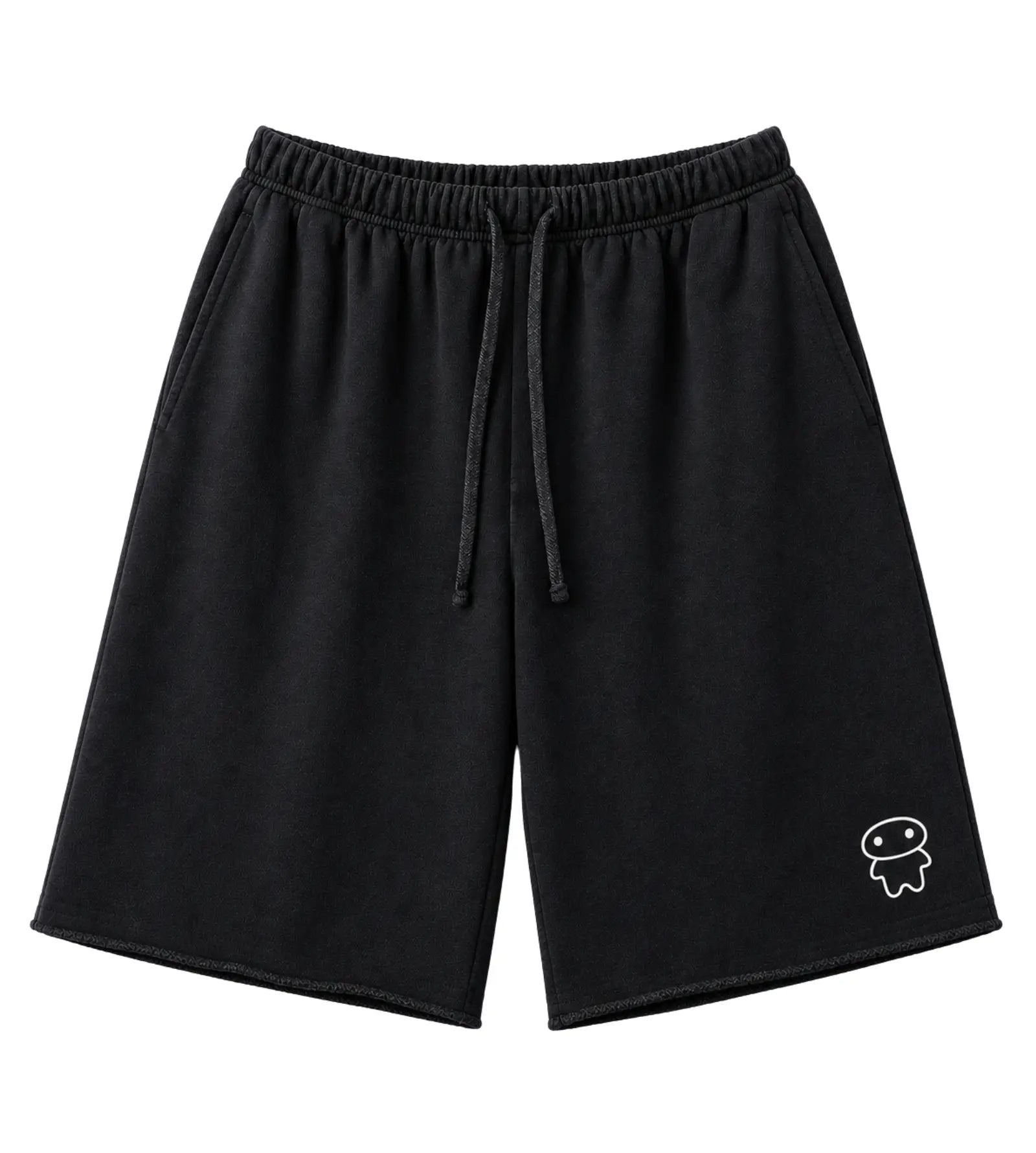 Black drawstring shorts with a small white cartoon character graphic on the lower left leg, shown against a plain white background.