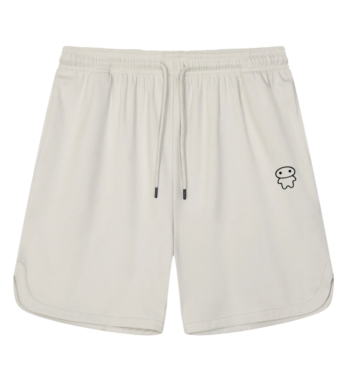 Off white athletic shorts featuring a Lil Alien Bae graphic. 