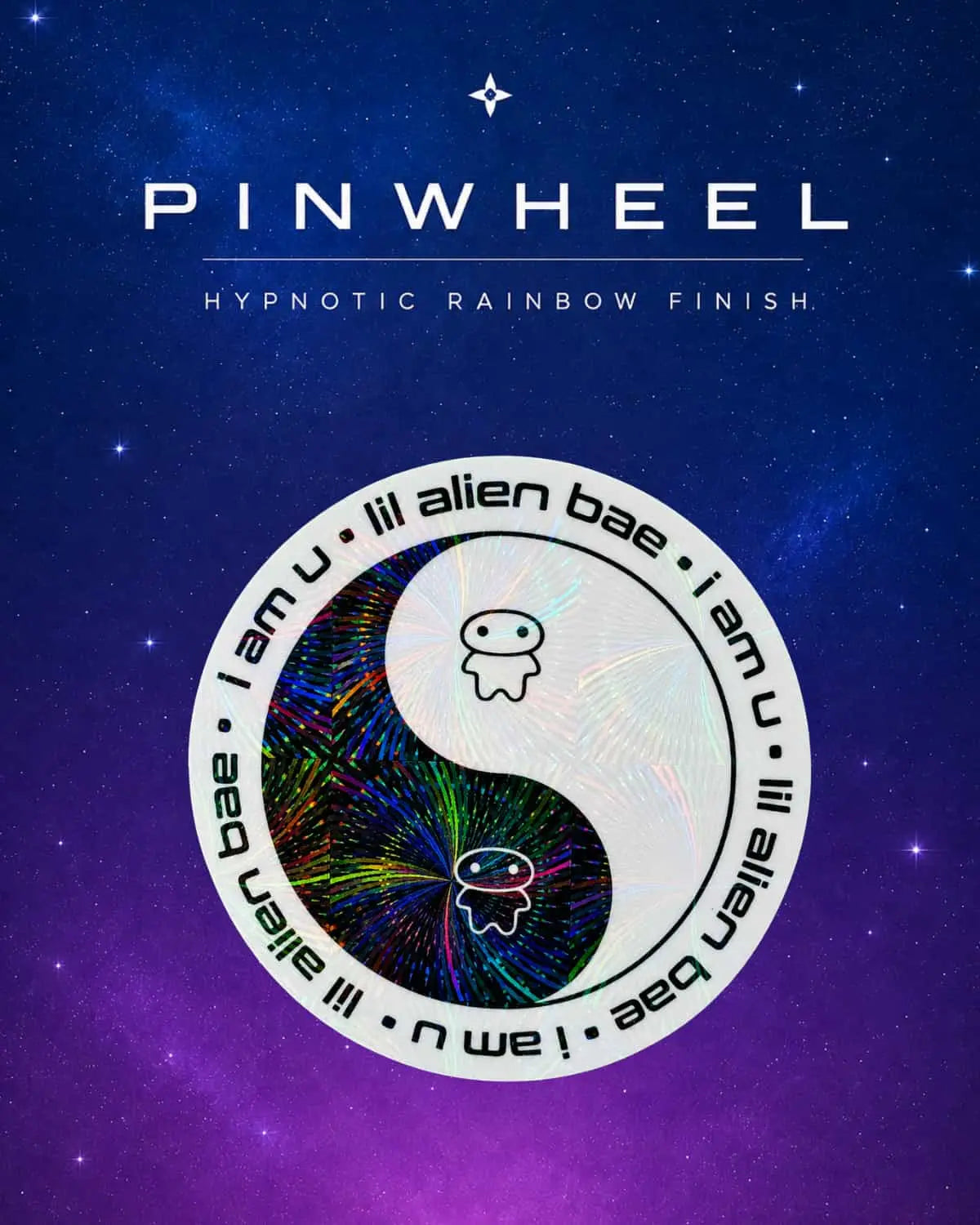 A circular vinyl lil alien bae sticker with a 'Hypnotic Pinwheel Finish' featuring a yin-yang symbol with lil alien bae characters as the circles on a starry purple and blue galaxy background.