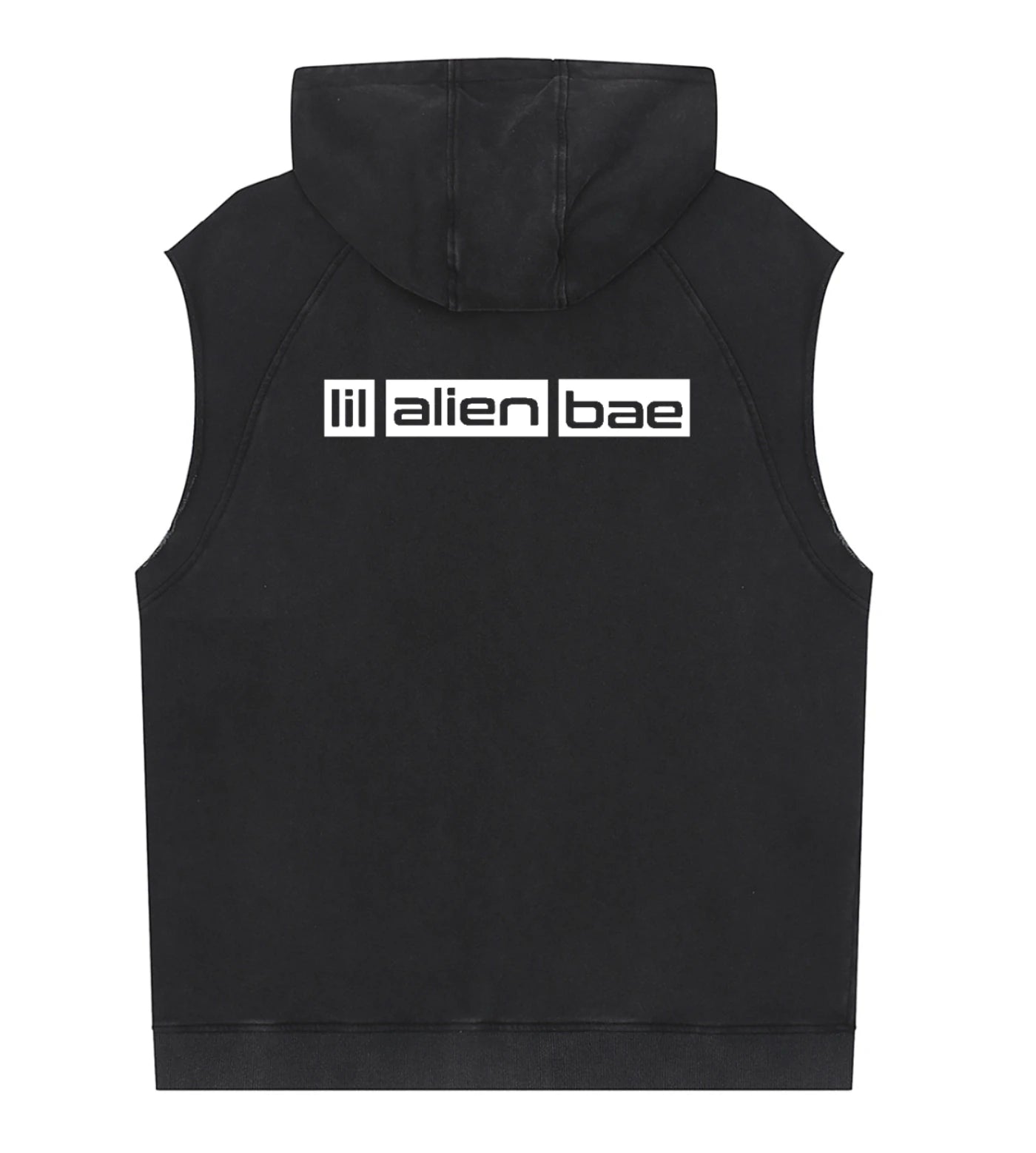 Black snow washed sleeveless hoodie featuring a Lil Alien Bae back graphic. 