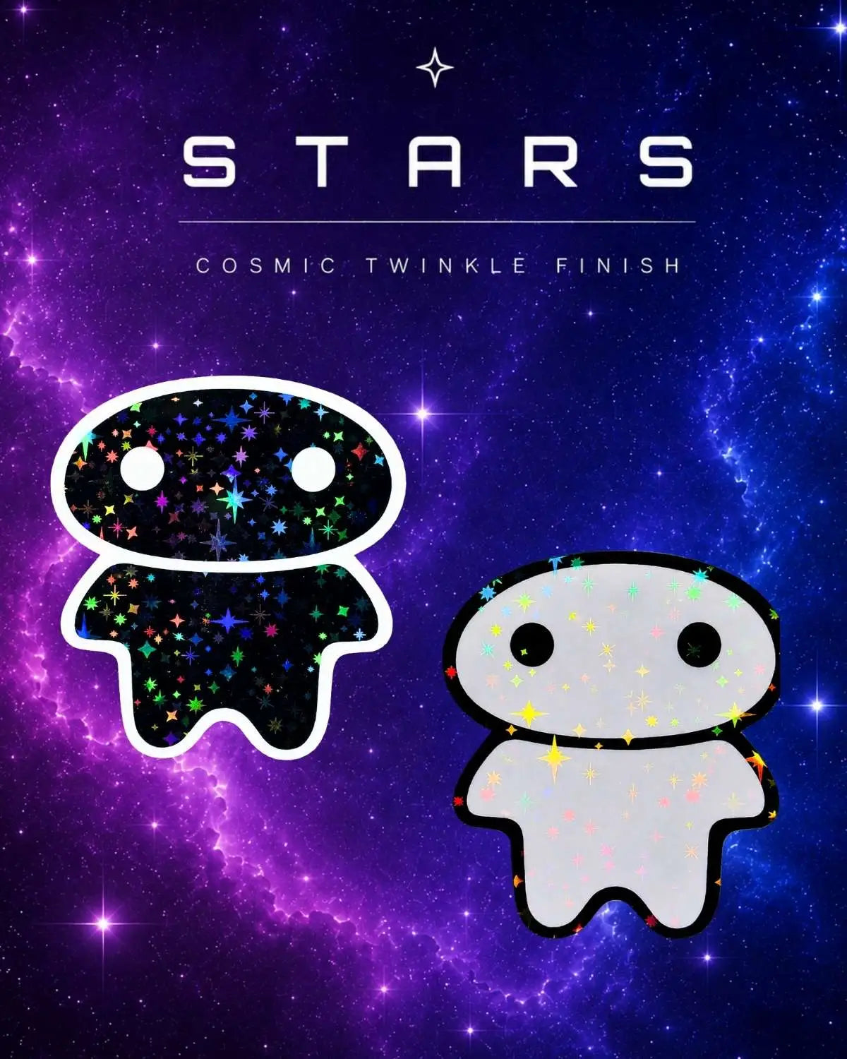 A graphic showing two lil alien bae vinyl sticker designs on a galaxy background. 