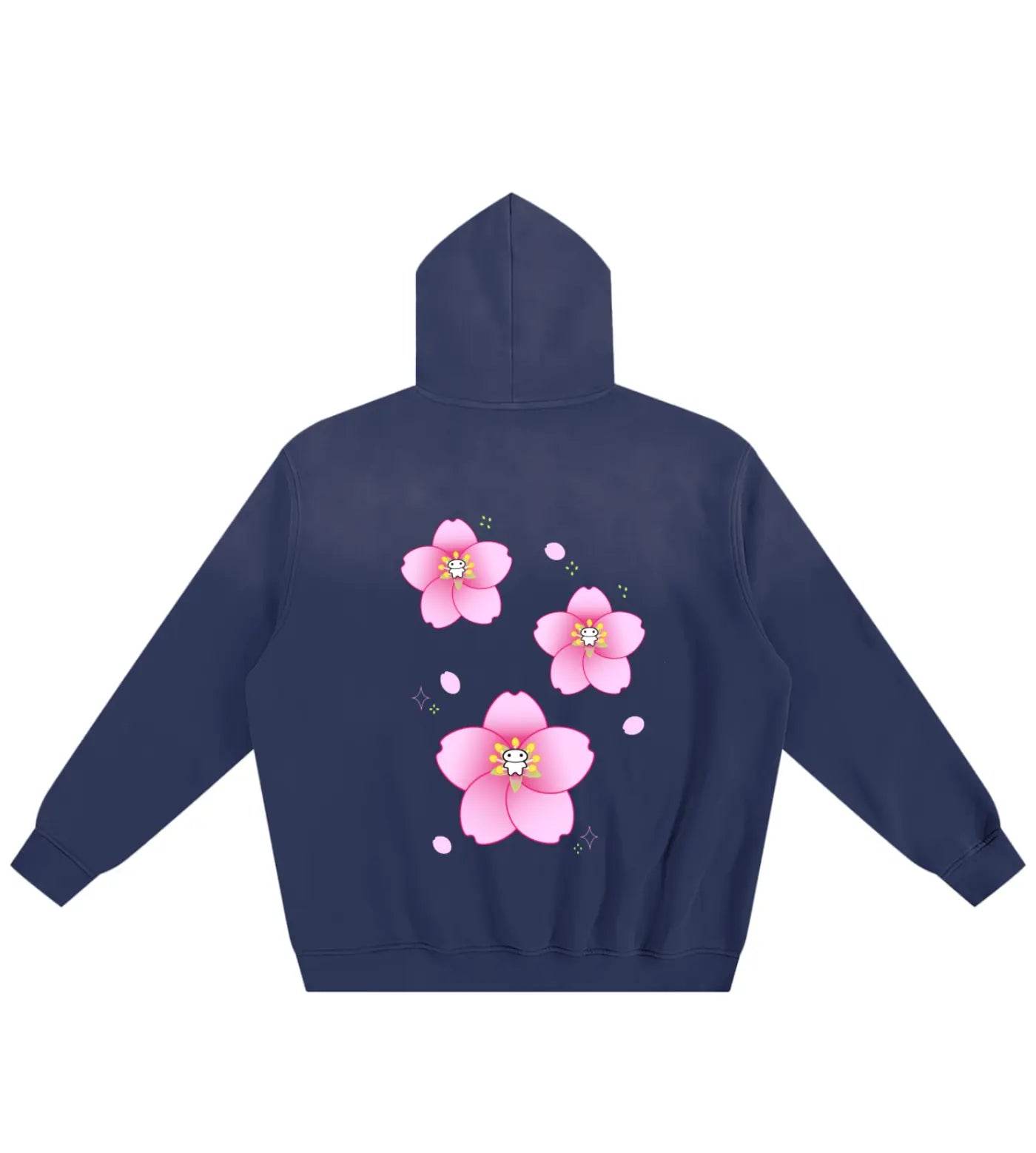 Sunfaded royal blue fleece hoodie featuring a Lil Alien Bae sakura back graphic. 