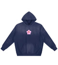 Sunfaded royal blue fleece hoodie featuring a small center Lil Alien Bae sakura graphic. 