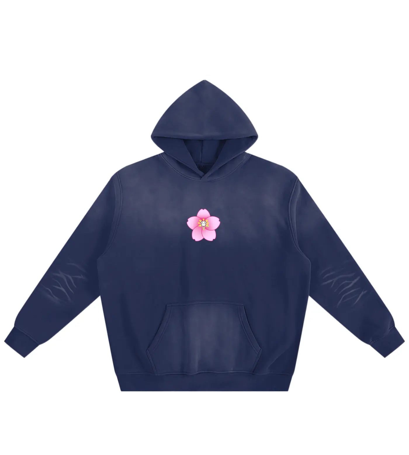 Sunfaded royal blue fleece hoodie featuring a small center Lil Alien Bae sakura graphic. 