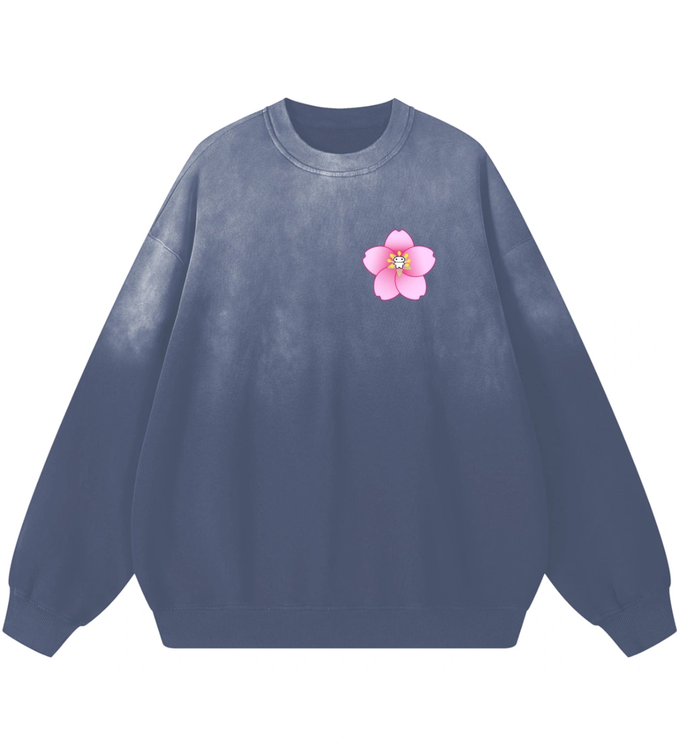 Sunfaded blue gray cotton sweatshirt featuring a Lil Alien Bae sakura chest graphic. 